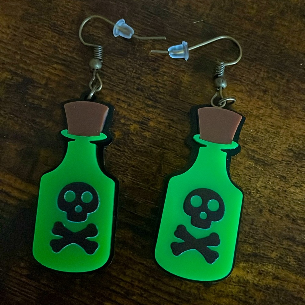 Poison Bottle Potion Earrings Dangle Green Halloween Goth Grunge Villain Jewelry